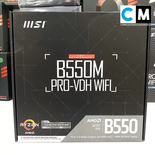 Tarjeta Madre Ryzen B550 PRO-VDH-WIFI con puertos USB 3.2, ranuras M.2, y conectividad Wi-Fi integrada.